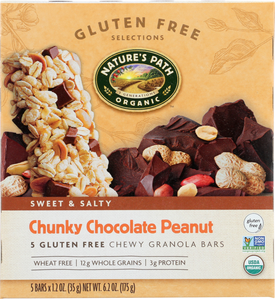 NATURE’S PATH: Organic Chewy Granola Bars Gluten Free Chunky Chocolate Peanut 5 Bars, 6.2 oz - 0058449891383