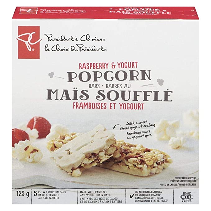 PC, Raspberry & Yogurt Popcorn Bars 125g/4.4 oz., {Imported from Canada} - 060383004545