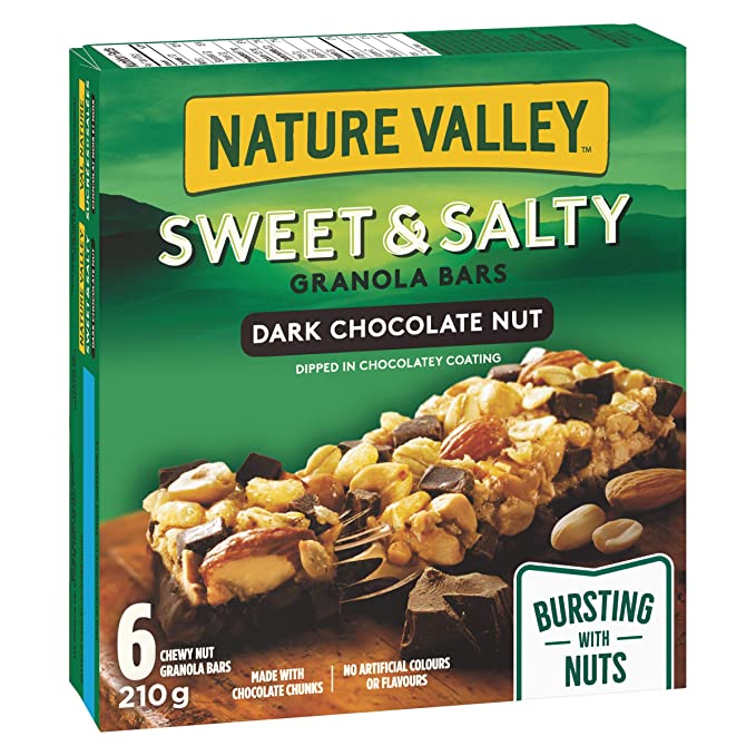 NATURE VALLEY, Sweet & Salty Dark Chocolate Nut Granola Bars, 6 Count, 210g/7.4 oz., Box, {Imported from Canada} - 065633157361