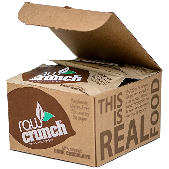 Raw Crunch Bar (Box of 12) - Organic Dark Chocolate - Gluten Free, Grain Free, Dairy Free, Low Carb, Low Sugar, Paleo, Plant Based Protein,150 Calorie Real Food Bar - 065776631490