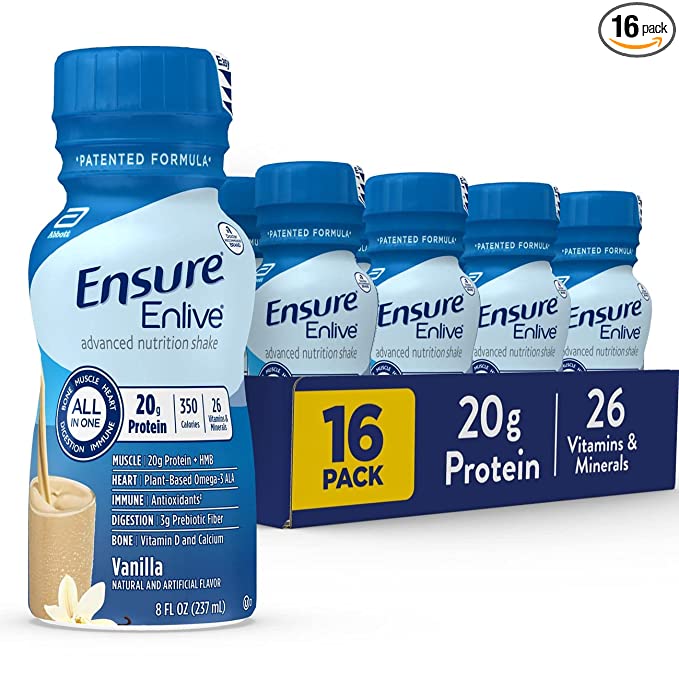  Ensure Enlive Meal Replacement Shake, 20g Protein, 350 Calories, Advanced Nutrition Protein Shake, Vanilla, 8 Fl Oz (Pack of 16) - 070074642932