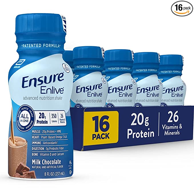 Ensure Enlive Meal Replacement Shake, 20g Protein, 350 Calories, Advanced Nutrition Protein Shake, Milk Chocolate, 8 Fl Oz (Pack of 16) - 070074642963