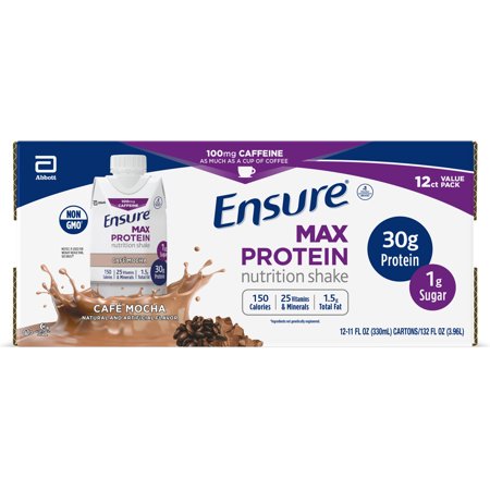 Ensure Max Protein Nutrition Shake with 30g of protein, 1g of Sugar, High Protein Shake, Cafe Mocha, 11 fl oz, 12 Count - 070074677262