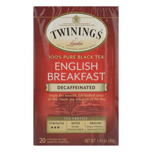 TWININGS OF LONDON: Classics English Breakfast Tea Naturally Decaffeinated, 20 Tea Bags, 1.41 oz - 0070177173517