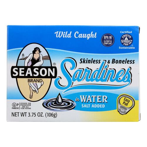 Season Brand Sardines - Skinless And Boneless - In Water - Salt Added - 3.75 Oz - Case Of 12 - 070303022054