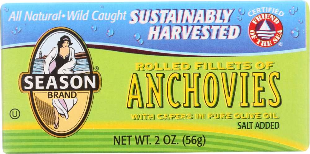 SEASONS: Rolled Fillets of Anchovies in Olive Oil, 2 oz - 0070303022344