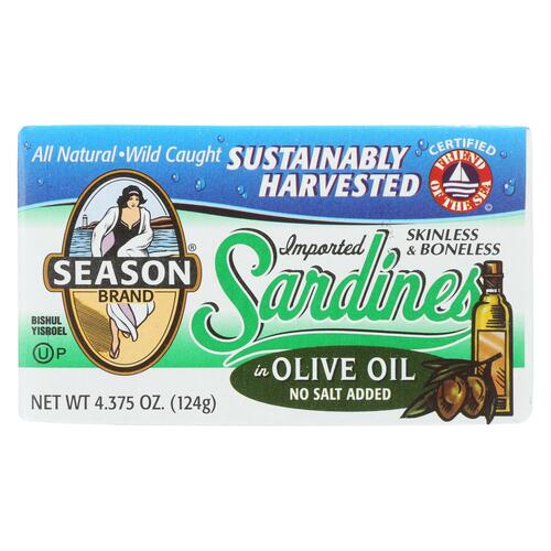 Season Brand Sardines - Skinless And Boneless - In Olive Oil - No Salt Added - 4.375 Oz - Case Of 12 - 070303022948