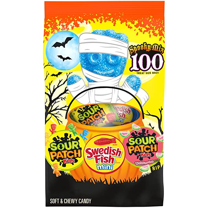 SOUR PATCH KIDS Original, Watermelon & SWEDISH FISH Mini Halloween Candy Variety Pack, 100 Trick or Treat Bags - 070462009835