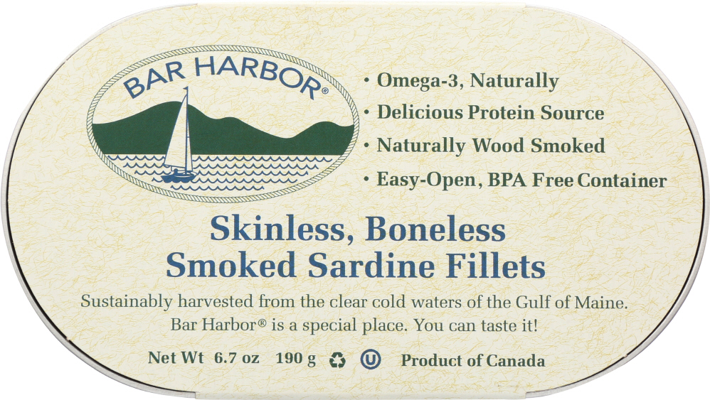 BAR HARBOR: Boneless Skinless Smoked Sardine Fillets, 6 oz - 0070718001576