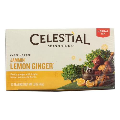 CELESTIAL SEASONINGS: Jammin’ Lemon Ginger Herbal Tea Caffeine Free 20 Tea Bags, 1.6 oz - 0070734523335