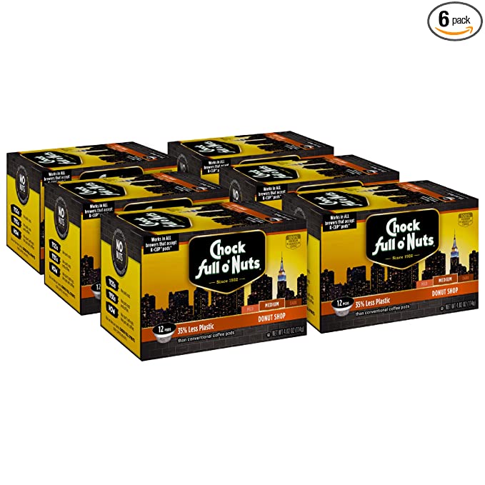 Chock Full O’Nuts Donut Shop Medium Roast, K Cup Compatible Pods, 12 count (Pack of 6) – Arabica Coffee in Eco-Friendly Keurig-Compatible Single Serve Cups, Donut Shop Medium Roast - 071038013799