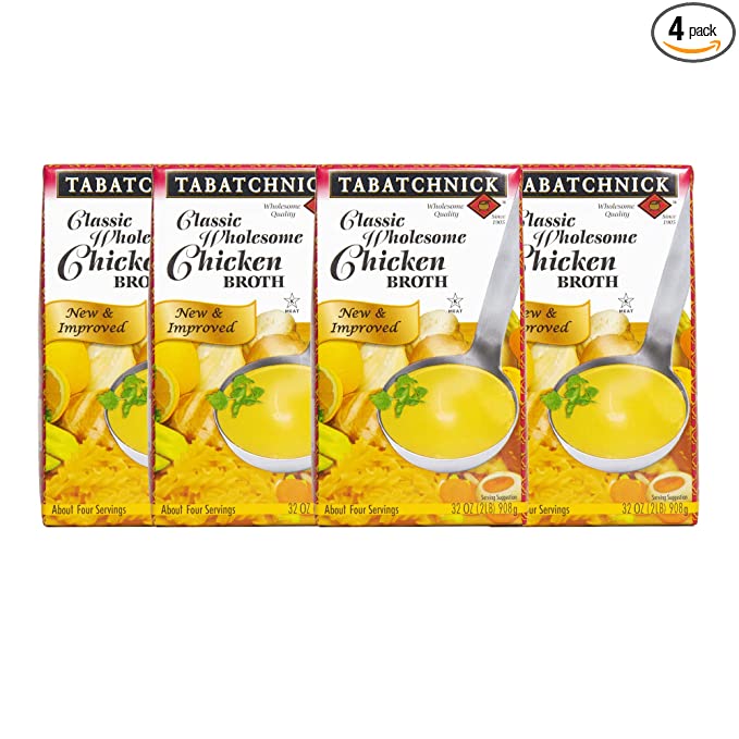 Tabatchnick Classic Wholesome Chicken Broth Real Chicken Broth (4 Pack) 32oz, Certified Kosher, Fat Free, No Sugar Added, 10 Calories Per Serving, Gluten Free, Soup - 071262043869