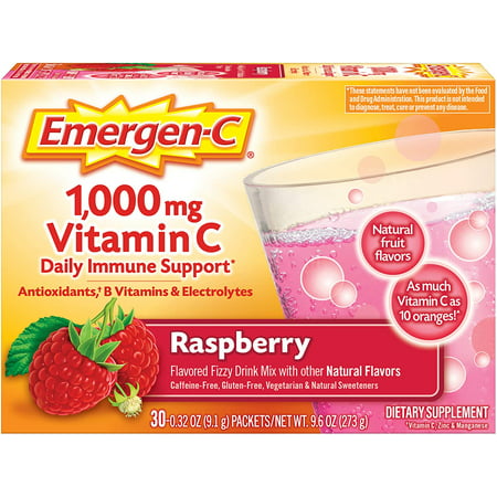 Emergen-C (30 Count Raspberry Flavor 1 Month Supply) Dietary Supplement Fizzy Drink Mix with 1000mg Vitamin C 0.32 Ounce Powder Packets Caffeine Free - 071463302017