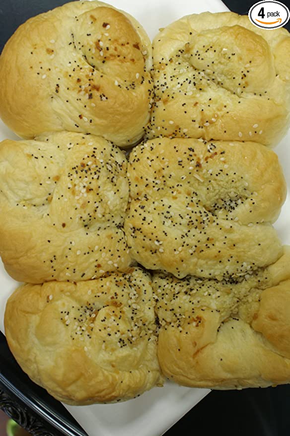  Garlic Knot Buns-4 SIX PACKS-Freshly Baked All Natural Contains Wheat, Honey, Egg, Butter, Garlic, Yeast, Sea Salt, Onion, Sesame & Poppy Seeds  - 071962800533