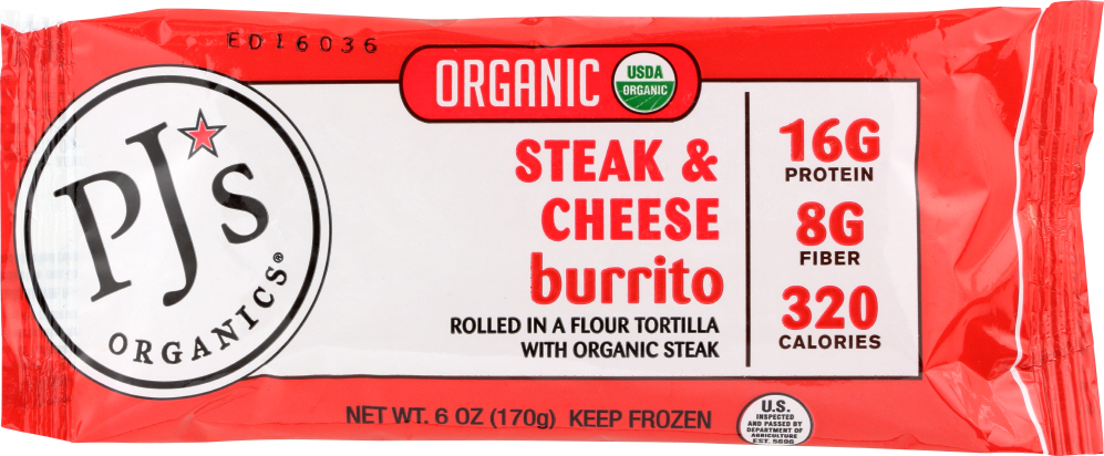 PJ’S ORGANICS: Organic Steak & Cheese Burrito, 6 oz - 0072169122657