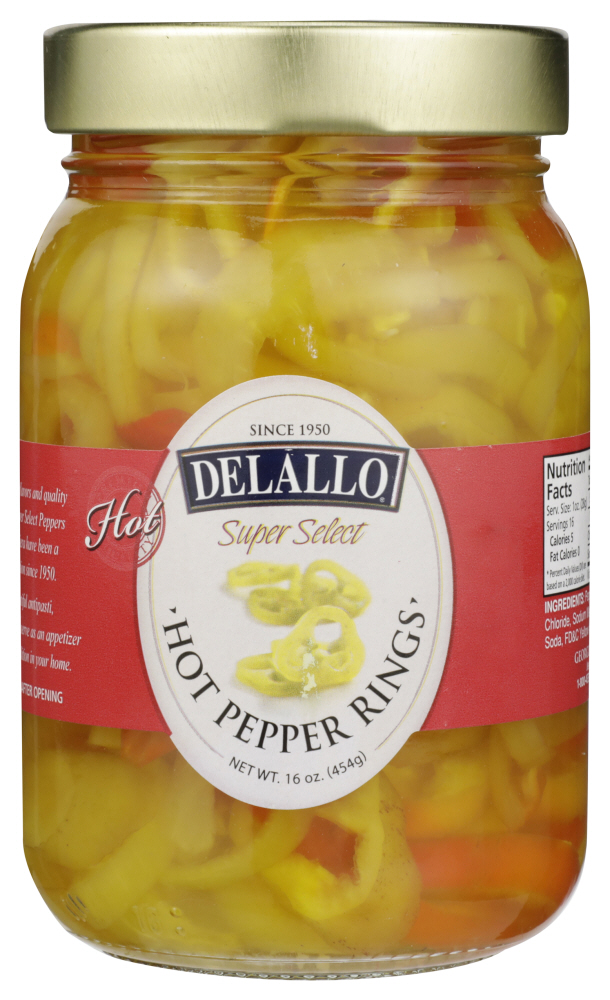 DELALLO: Hot Banana Pepper Rings, 16 oz - 0072368107196