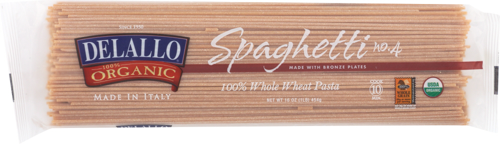 DELALLO: Organic Spaghetti Pasta Whole Wheat No.4, 16 oz - 0072368508528