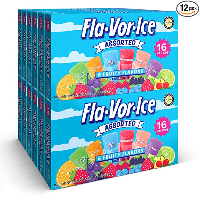 Flavorice Freezer Pops, 1.5oz Fat Free Ice Pops, Fruity Flavors (12 Boxes, 16 - 1.5 oz pops per box), 192 total Freezer Pops - 072392930968