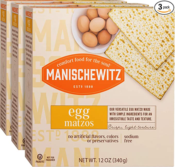  Manishewitz Egg Matzo 12oz (3 Pack) Kosher (Not For Passover), Thin, Crisp & Light Texture, Sodium Free, No Artificial Flavors, Colors or Ingredients,  - 072700008211