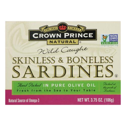 CROWN PRINCE: Skinless & Boneless Sardines in Olive Oil, 3.75 oz - 0073230008337