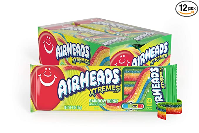  Airheads Candy, Xtremes Belts, Rainbow Berry Flavor, Sweetly Sour, Halloween Treat, Non Melting, Movie Theater, 3oz Packs, Box of 12 Packs  - 778894844009
