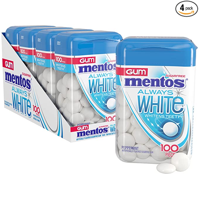  Mentos Always White Sugar-Free Chewing Gum with Xylitol, Peppermint, 100 Piece Bottle (Pack of 4)  - 073390021061