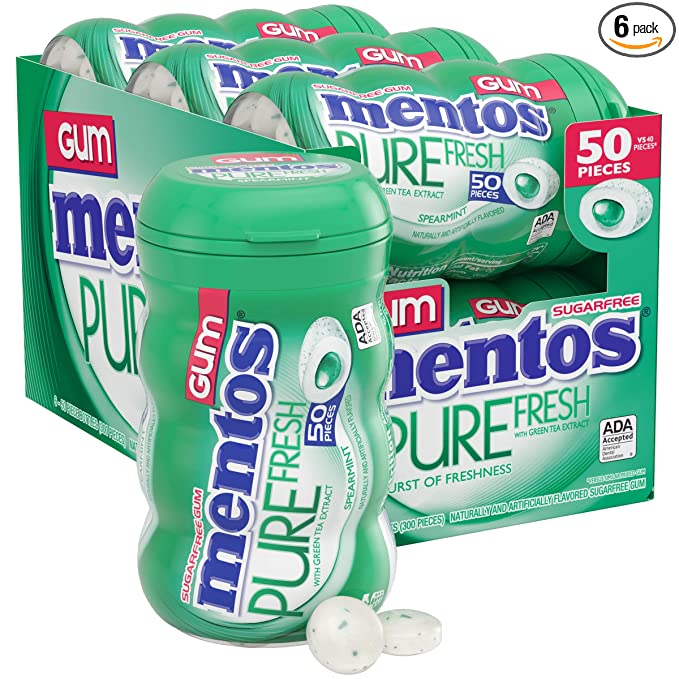  Mentos Pure Fresh Sugar-Free Chewing Gum with Xylitol, Spearmint, 50 Piece Bottle (Bulk Pack of 6)  - 073390012144