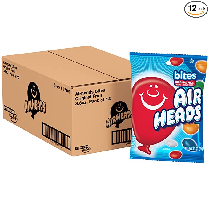 Airheads Candy, Bites, Assorted Fruit Flavor, Non Melting, Party, Pantry, 3.8 oz Bag, Box of 12 Bags - 073390672027
