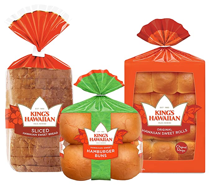  KING’S HAWAIIAN Ultimate Party Variety Pack, 1 Pack Sliced Hawaiian Sweet Bread, 1 Pack Hawaiian Sweet Hamburger Buns, 1 Pack Original Hawaiian Sweet Rolls, (3 CT Variety Pack)  - 073435000471