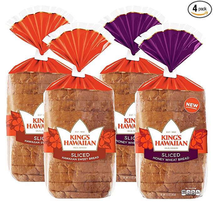  KING’S HAWAIIAN Ultimate Sandwich Bread Variety Pack, 2 Packs of Sliced Hawaiian Sweet Bread & 2 Packs of Sliced Honey Wheat Bread, 12 Slices/Pack (Pack of 4)  - 073435000501