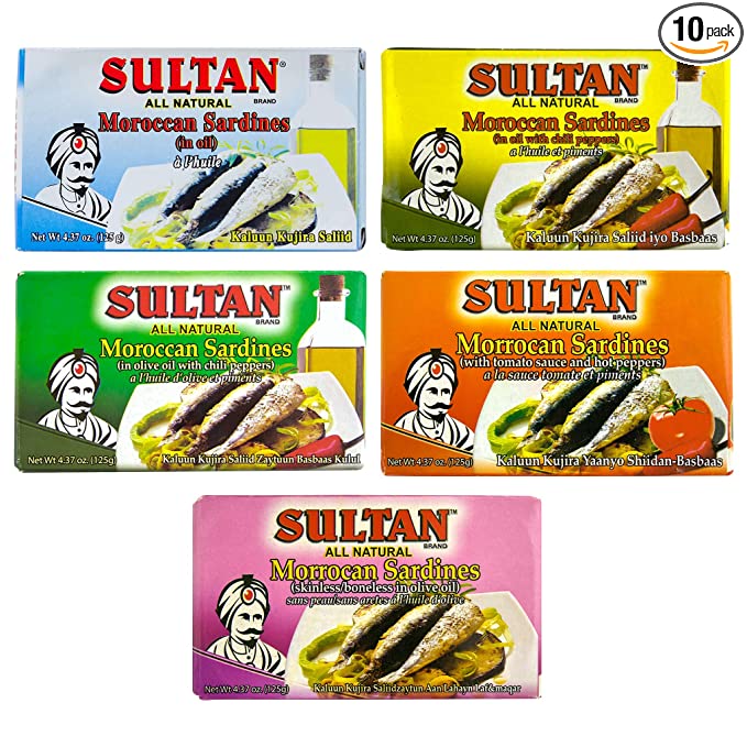  Sultan Moroccan Sardines Variety Pack, 100% All-Natural, High Protein, Paleo, Carnivore, Keto Friendly, Zero Carb, Fresh, Boneless & Skinless, Hot, Mild, Spicy, Spicy Tomato, 4.37oz (Pack of 10)  - 074265005537