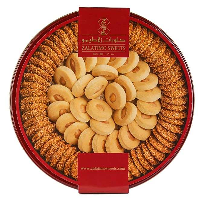  Zalatimo Sweets Since 1860, 100% All-Natural Sesame & Butter Shortbread Cookies, Round Gift Tin, Slightly Sweet Cookies with No Preservatives, No Additives, No Corn Starch, No Syrups! 1.65Lbs  - 074265021872