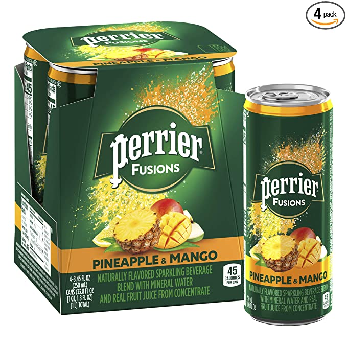 Perrier & Juice Drink, Pineapple and Mango Flavored, 8.45 Fl Oz. Cans (4 Pack) - 074780333412