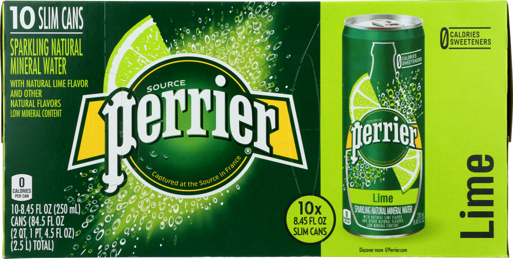 PERRIER: Slim Cans Sparkling Natural Mineral Water Lime (10×8.45 Oz), 84.5 oz - 0074780333566