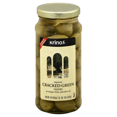 KRINOS: Green Cracked Olives, 16 oz - 0075013266002