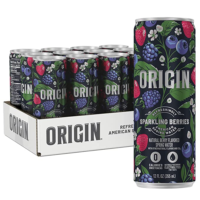  ORIGIN Sparkling Water, Berry Flavored Spring Water, 12 Fl Oz, Aluminum Cans, 12 Pack, Clear  - 075720100927