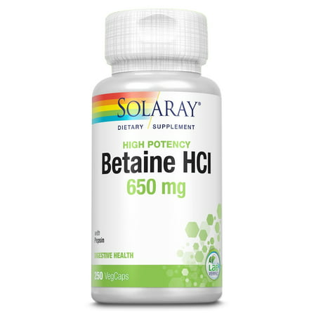 Solaray High Potency Betaine HCL with Pepsin 650 mg | Hydrochloric Acid Formula for Healthy Digestion Support | Lab Verified | 250 VegCaps - 076280048155