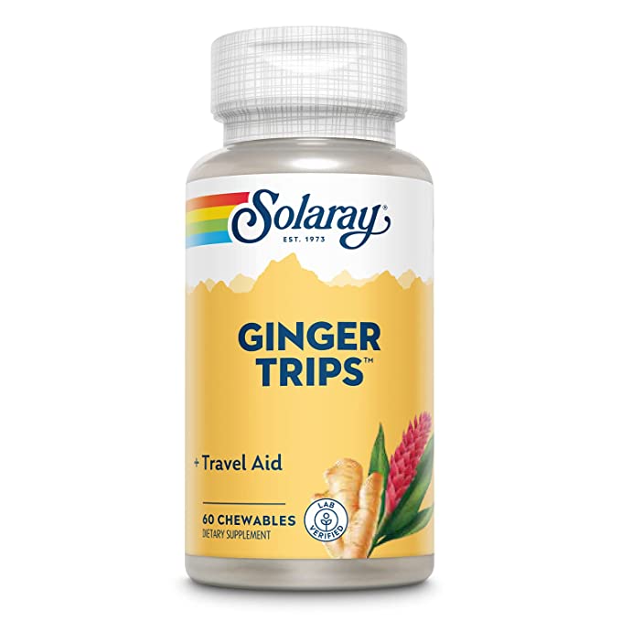  Solaray Ginger Trips Travel Aid | Root Extract | Healthy Digestive Support w/ Honey, Stevia & Molasses | 60 Chewables  - 076280082074