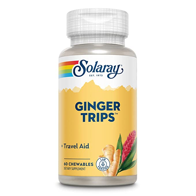 Solaray Ginger Trips Travel Aid | Root Extract | Healthy Digestive Support w/ Honey, Stevia & Molasses | 60 Chewables - 076280082074