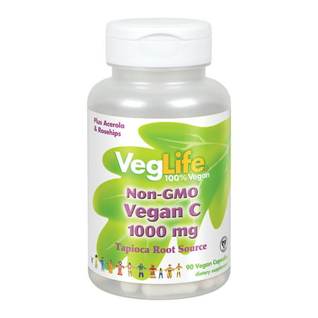 VegLife Vegan Vitamin C 1000mg Non GMO | From Tapioca | W/ Acerola & Rose Hips | Immune Support | 90 VegCaps - 076280421095