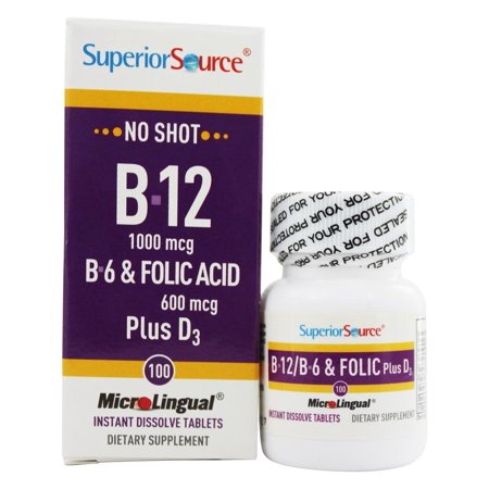 Superior Source - No Shot B12 B6 Folic Acid Plus D3 - 100 Quick Dissolve Tablets - 076635909506