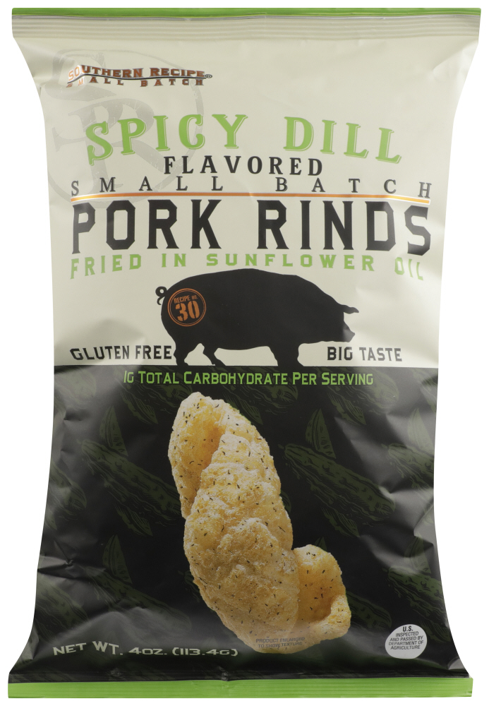 SOUTHERN RECIPE SMALL BATCH: Pork Rind Spicy Dill, 4 oz - 0077079004024