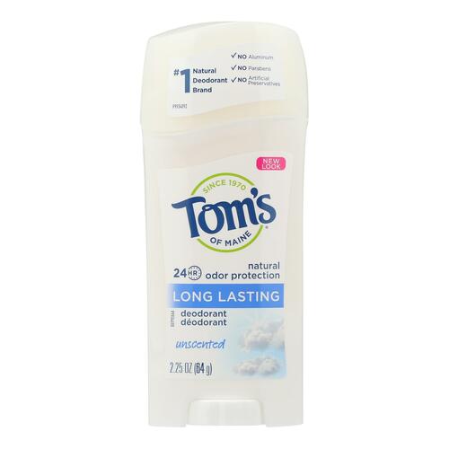 TOMS OF MAINE: Natural Long-Lasting Deodorant Stick Aluminum-Free Unscented, 2.25 Oz - 0077326614259