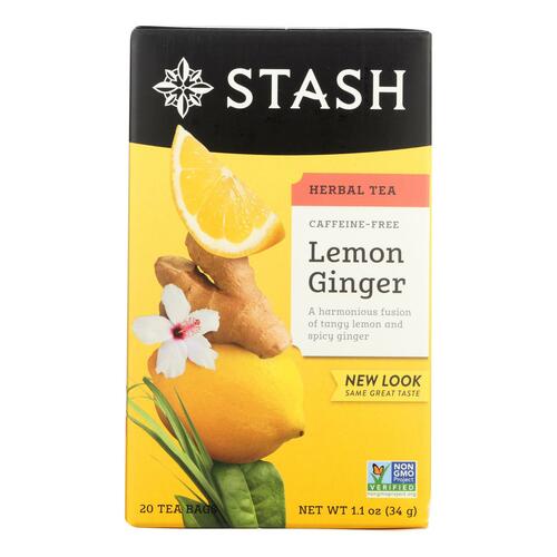 STASH TEA: Lemon Ginger Herbal Tea Caffeine Free 20 Tea Bags, 1.1 oz - 0077652082494