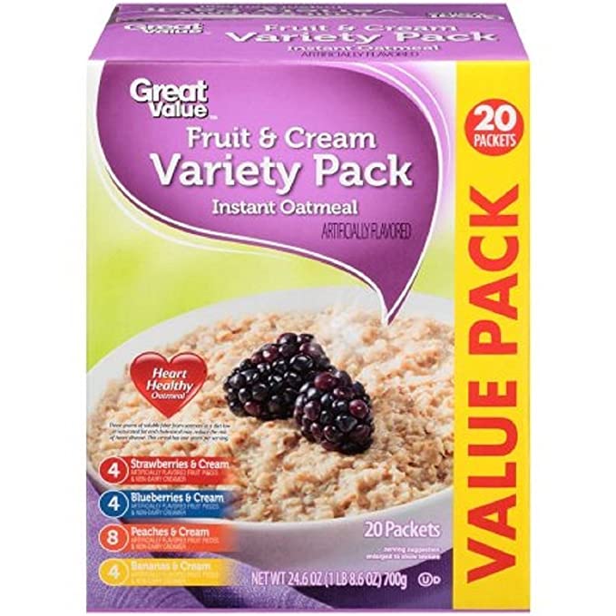 Great Value Fruit & Cream Variety Pack Instant Oatmeal, 20 count, 24.6 oz - 078742035512