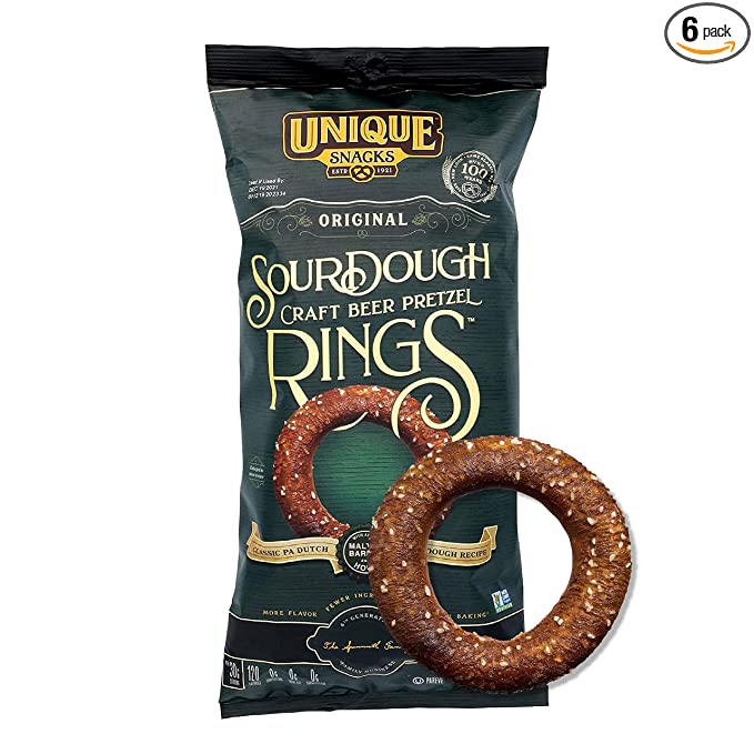 Unique Snacks Sourdough Craft Beer Pretzel Rings, Vegan, Homestyle Baked, Certified OU Kosher and Non-GMO, 11 Ounce Bag (Pack of 6) - 079927119119