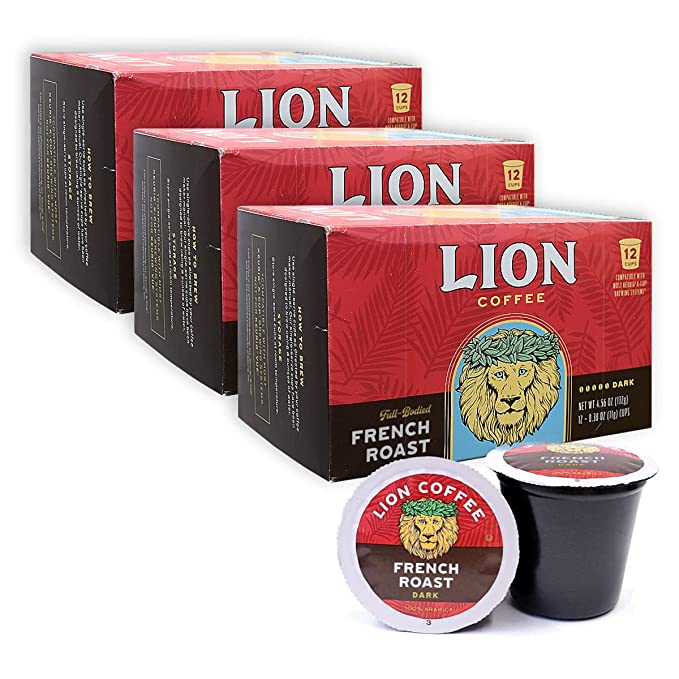 Lion Coffee French Roast, Single-Serve Coffee Pods - 12 Count Box (Pack of Three) - 079975000261