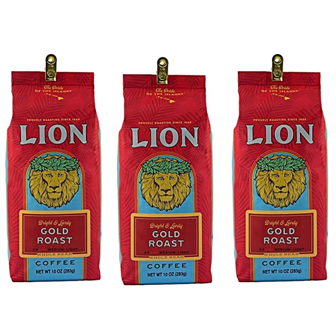  Lion Coffee, Gold Roast, Whole Bean, 10 Ounce Bag (Pack of Three)  - 079975001466