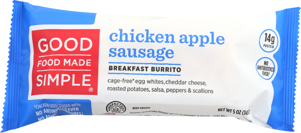 Chicken Apple Sausage Cage-Free Egg Whites, Cheddar Cheese, Roasted Potatoes, Salsa, Peppers & Scallions Breakfast Burrito, Chicken Apple Sausage - 080618415038