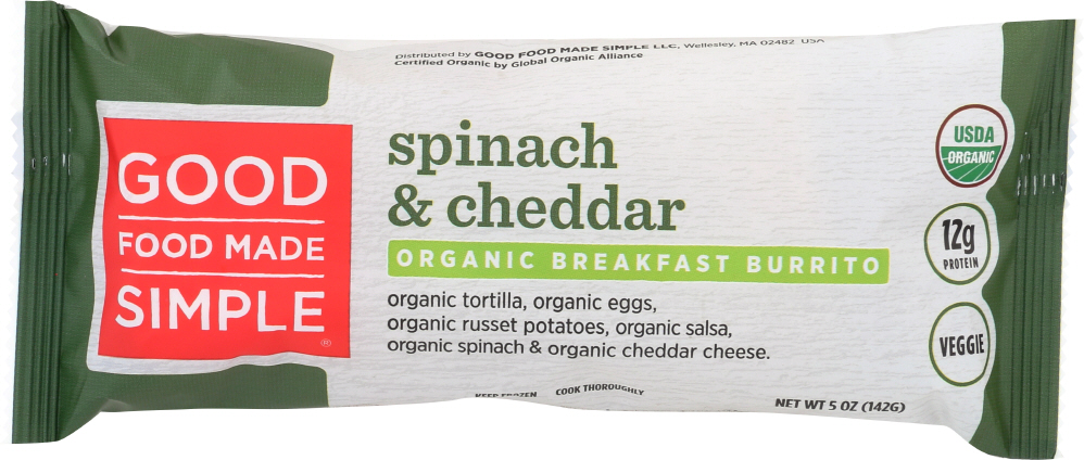 Spinach & Cheddar Organic Tortilla, Organic Eggs, Organic Russet Potatoes, Organic Salsa, Organic Spinach & Organic Cheddar Cheese Breakfast Burrito, Spinach & Cheddar - 080618415106